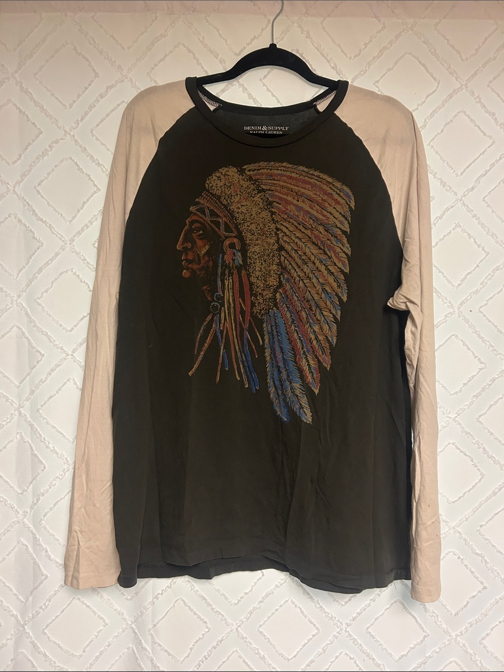 Denim & Supply Ralph Lauren Black Body Beige Sleeve Long-Sleeve Graphic Tee